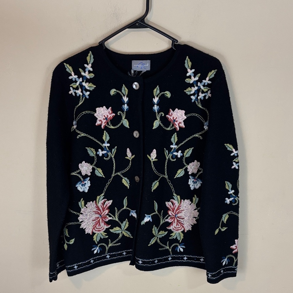 Vintage  Petite Carroll Reed Black Wool Floral Embroidered Button Up Jacket